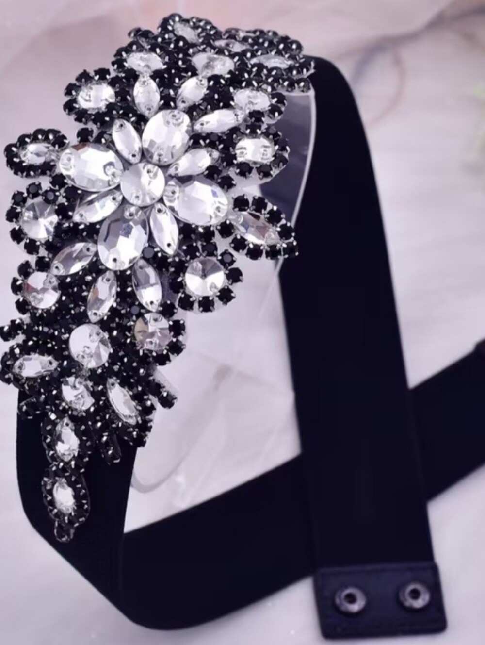 Crystal Floral Black Belt with Clear Rhinestones